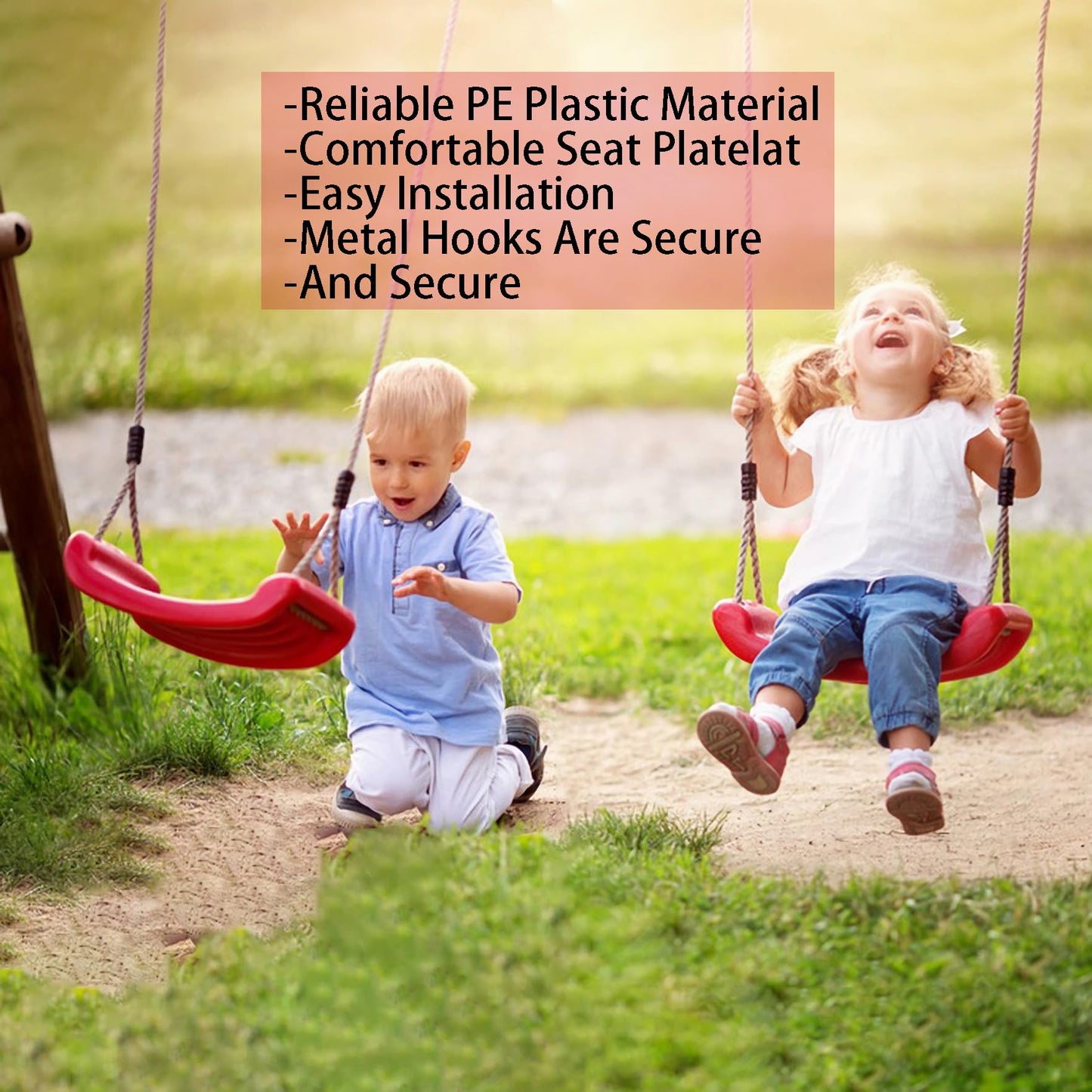 Outdoor Kids Plastic Swing Seat with Adjustable Rope - Durable Tree Swing for Backyard, 220lb Capacity, Red V1107-CS-HWQQ