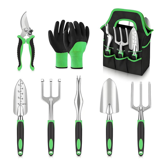 Complete 8-Piece Garden Tool Set with Carry Bag - Stainless Steel & Aluminum Tools for Digging, Pruning, V1107-CS-HYGJ