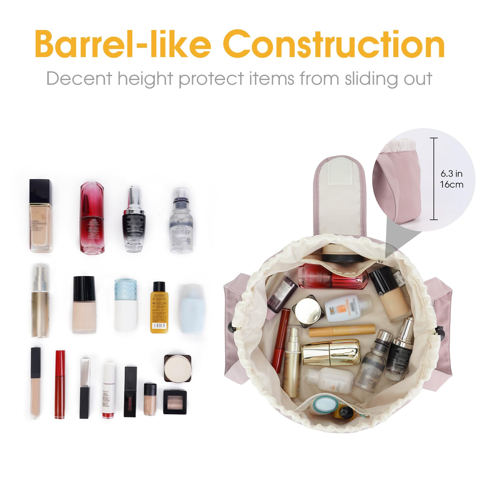 High-Capacity Barrel-Style Cosmetic Bag with Double Drawstring Closure - Water-Resistant, Padded Lining, V1107-CS-HZPSNDF