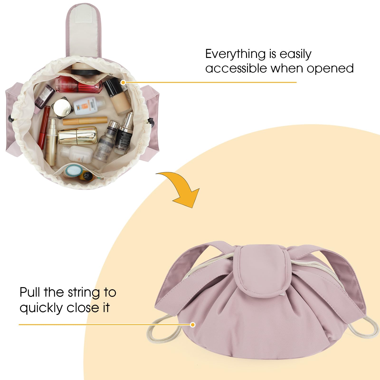 High-Capacity Barrel-Style Cosmetic Bag with Double Drawstring Closure - Water-Resistant, Padded Lining, V1107-CS-HZPSNDF
