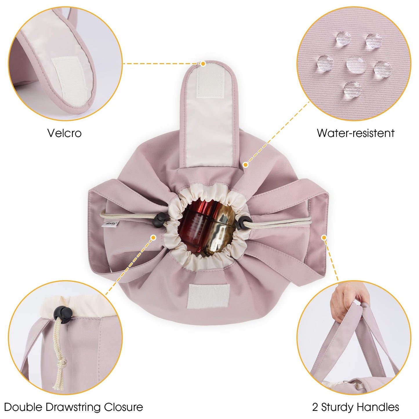 High-Capacity Barrel-Style Cosmetic Bag with Double Drawstring Closure - Water-Resistant, Padded Lining, V1107-CS-HZPSNDF