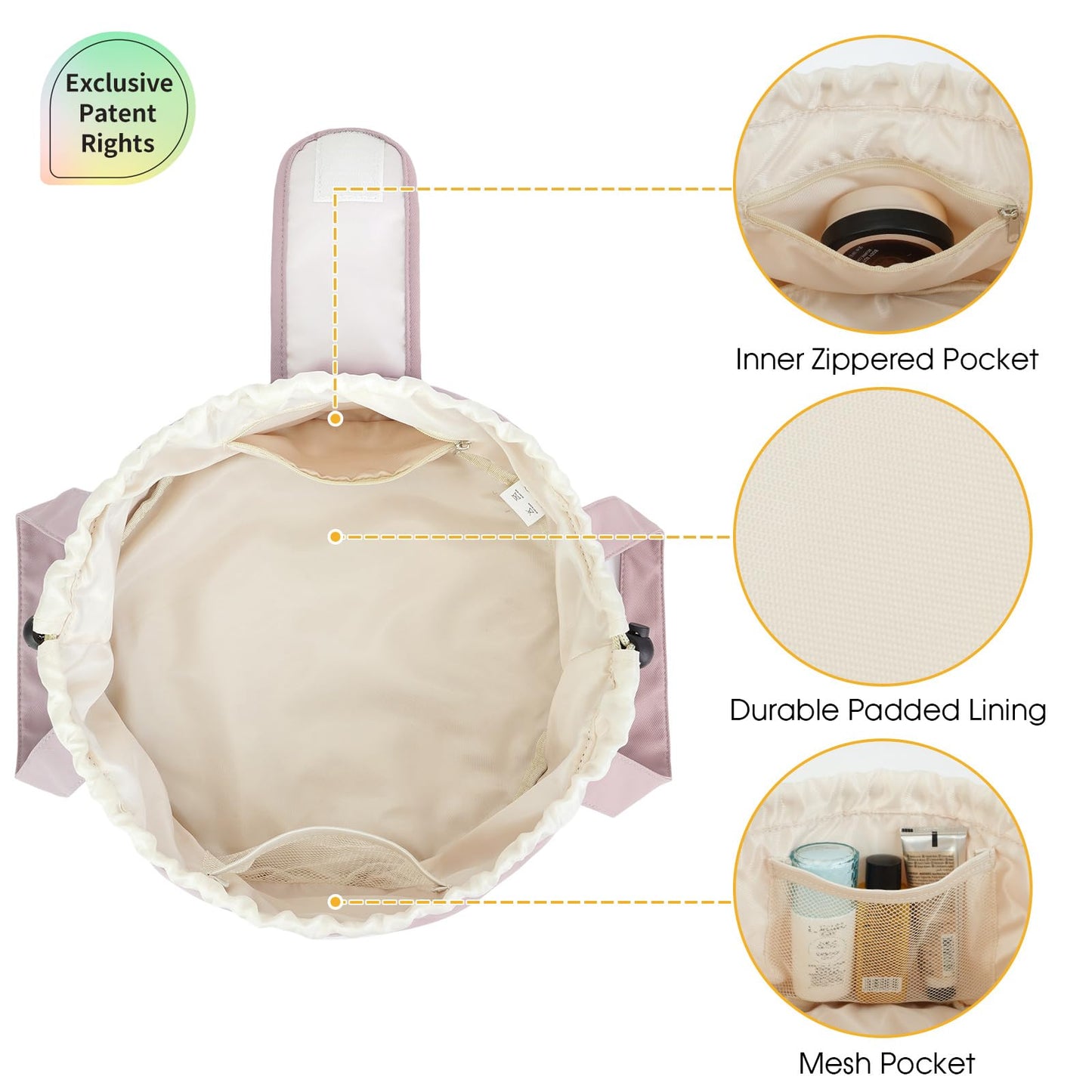 High-Capacity Barrel-Style Cosmetic Bag with Double Drawstring Closure - Water-Resistant, Padded Lining, V1107-CS-HZPSNDF