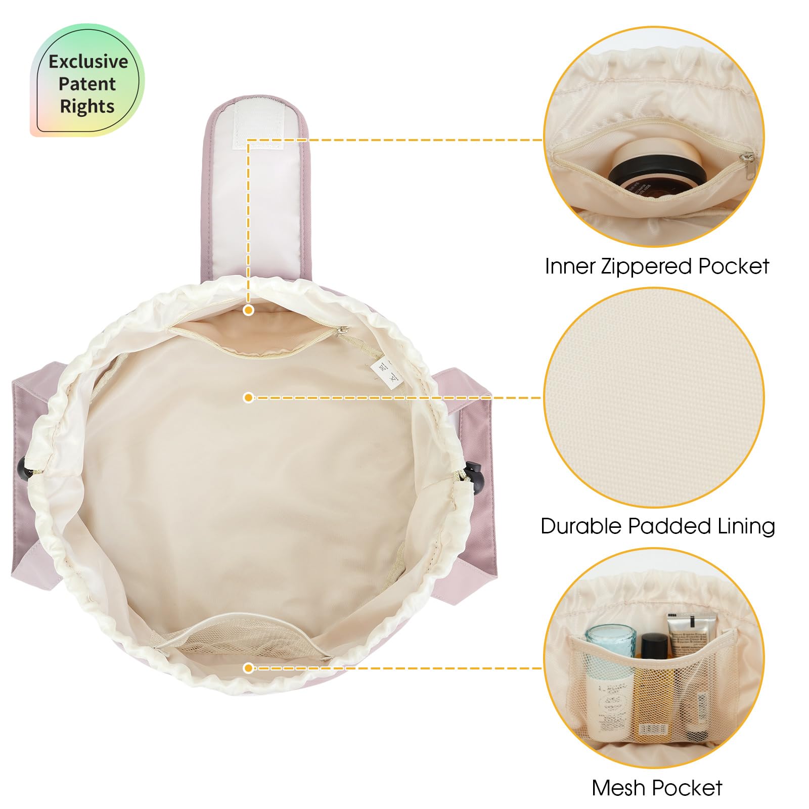 High-Capacity Barrel-Style Cosmetic Bag with Double Drawstring Closure - Water-Resistant, Padded Lining, V1107-CS-HZPSNDF