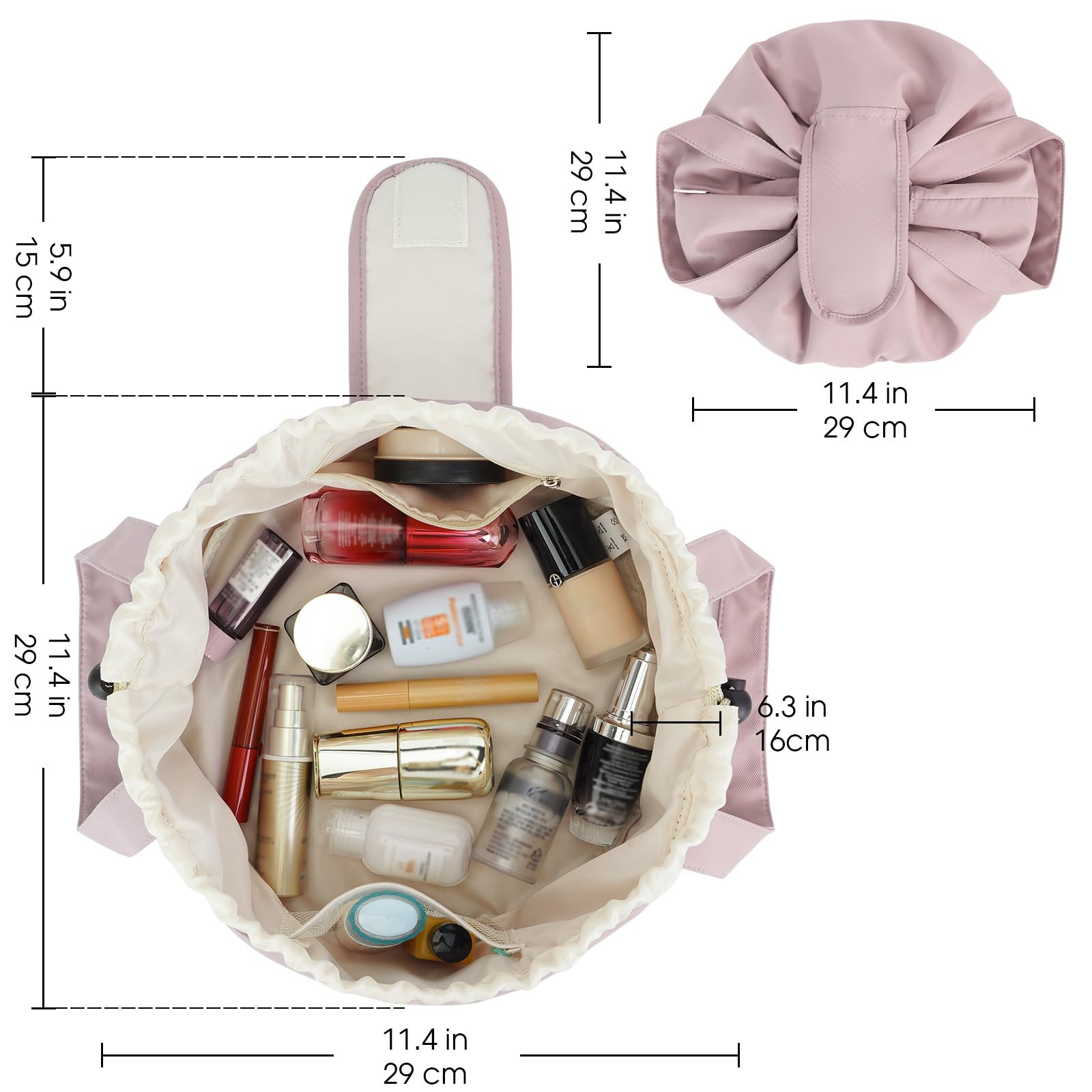 High-Capacity Barrel-Style Cosmetic Bag with Double Drawstring Closure - Water-Resistant, Padded Lining, V1107-CS-HZPSNDF