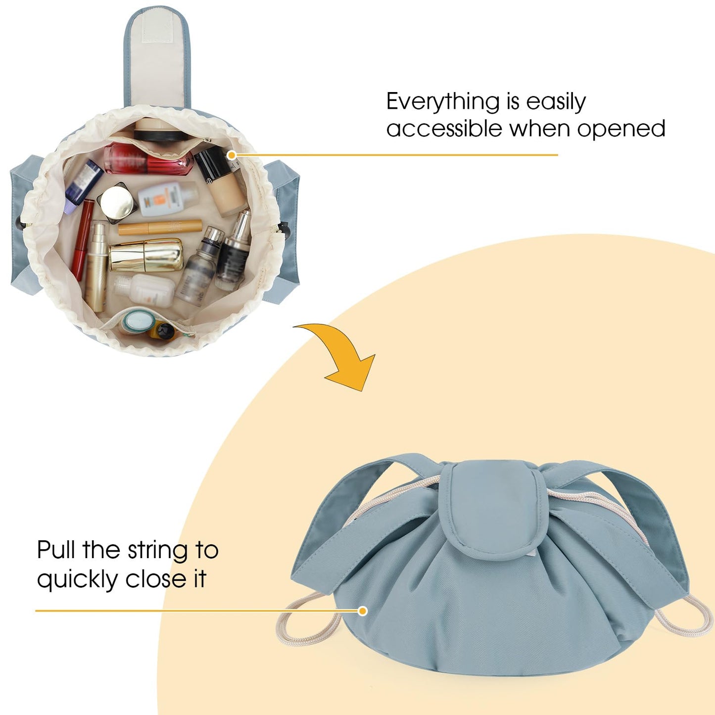 High-Capacity Barrel-Style Cosmetic Bag with Double Drawstring Closure - Water-Resistant, Padded Lining, V1107-CS-HZPSNDL