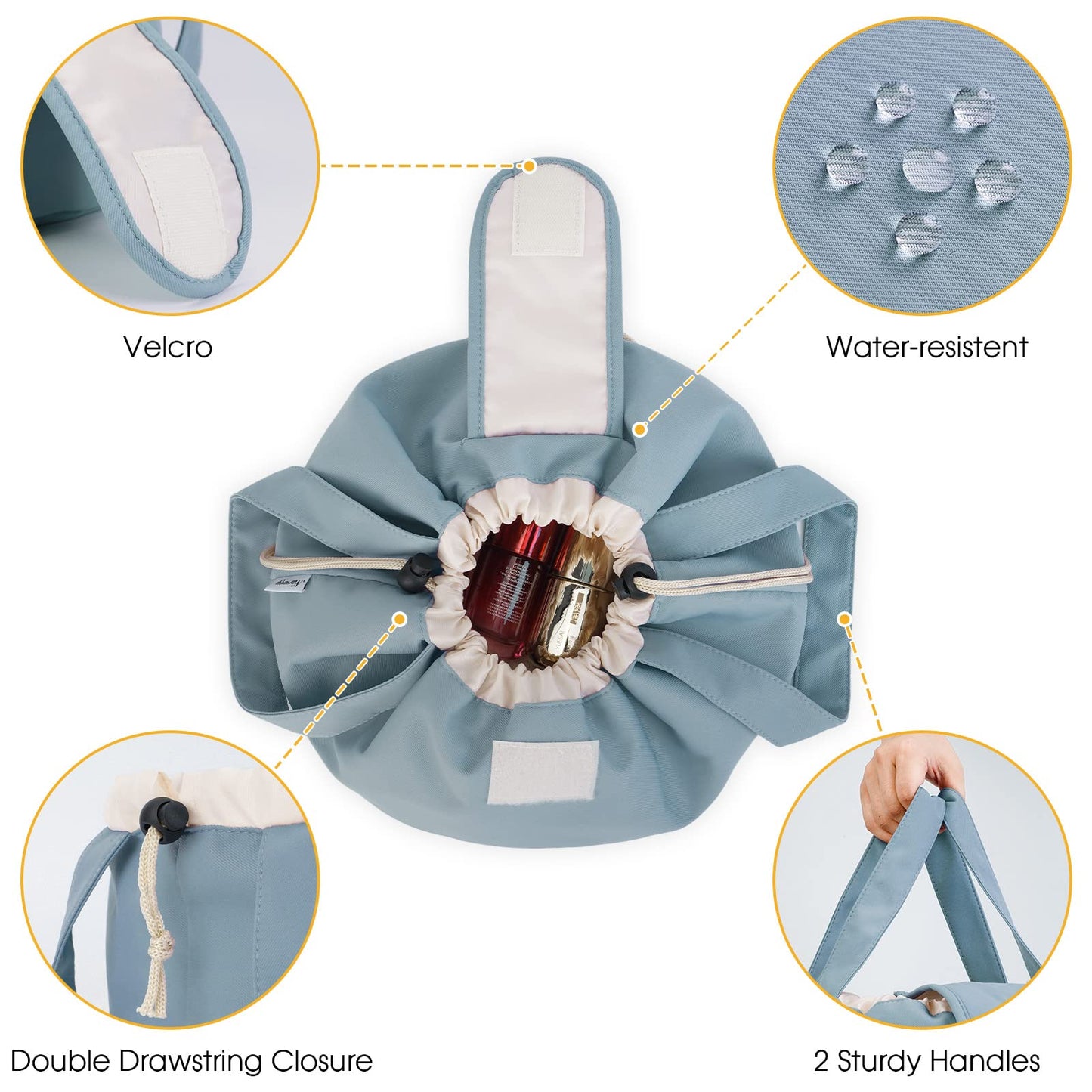 High-Capacity Barrel-Style Cosmetic Bag with Double Drawstring Closure - Water-Resistant, Padded Lining, V1107-CS-HZPSNDL