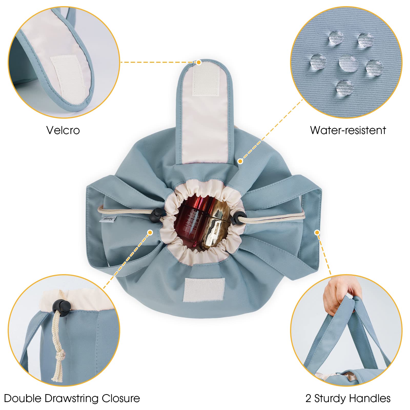 High-Capacity Barrel-Style Cosmetic Bag with Double Drawstring Closure - Water-Resistant, Padded Lining, V1107-CS-HZPSNDL