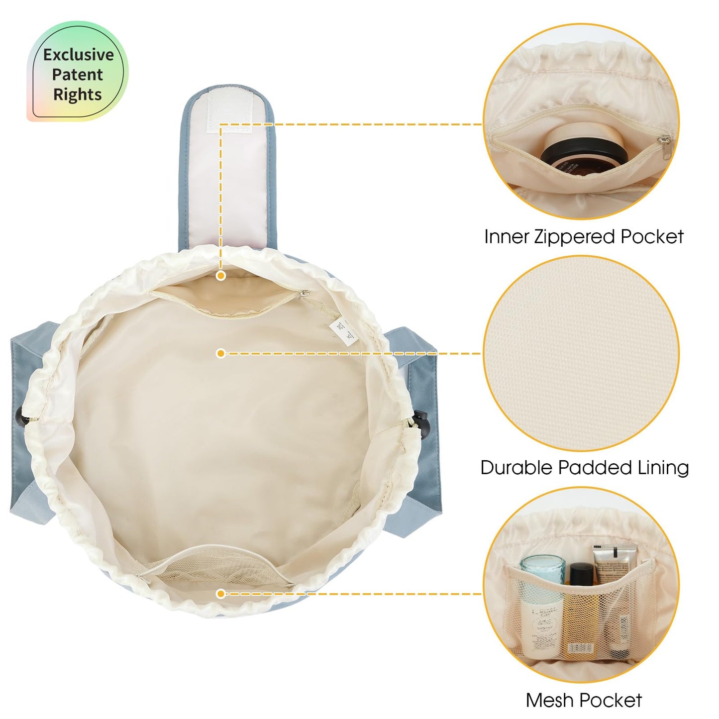 High-Capacity Barrel-Style Cosmetic Bag with Double Drawstring Closure - Water-Resistant, Padded Lining, V1107-CS-HZPSNDL