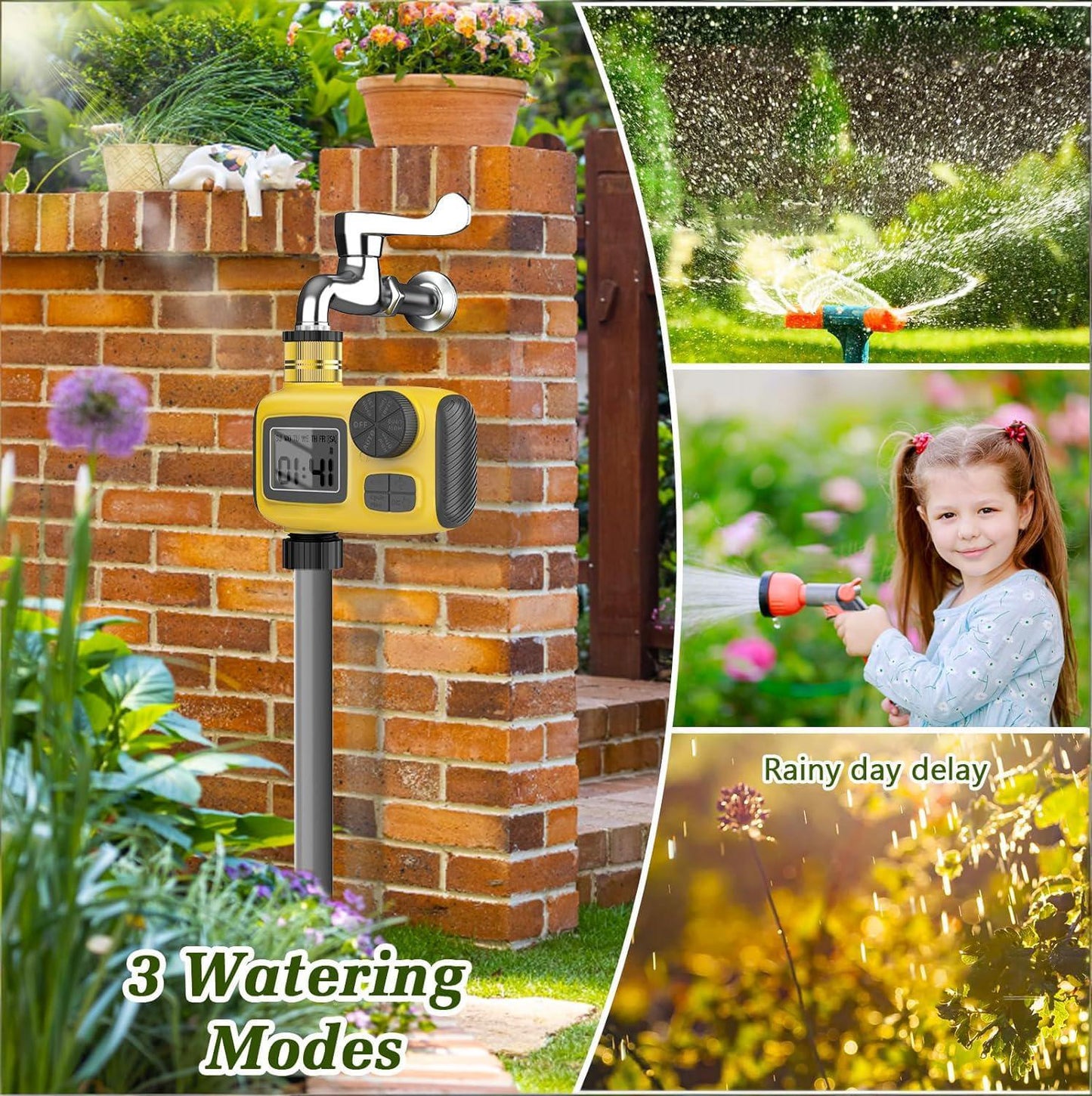 Smart Outdoor Watering Timer with Rain Delay & Manual Mode - Automatic Garden Irrigation Controller for Lawn, V1107-CS-JHDSQ