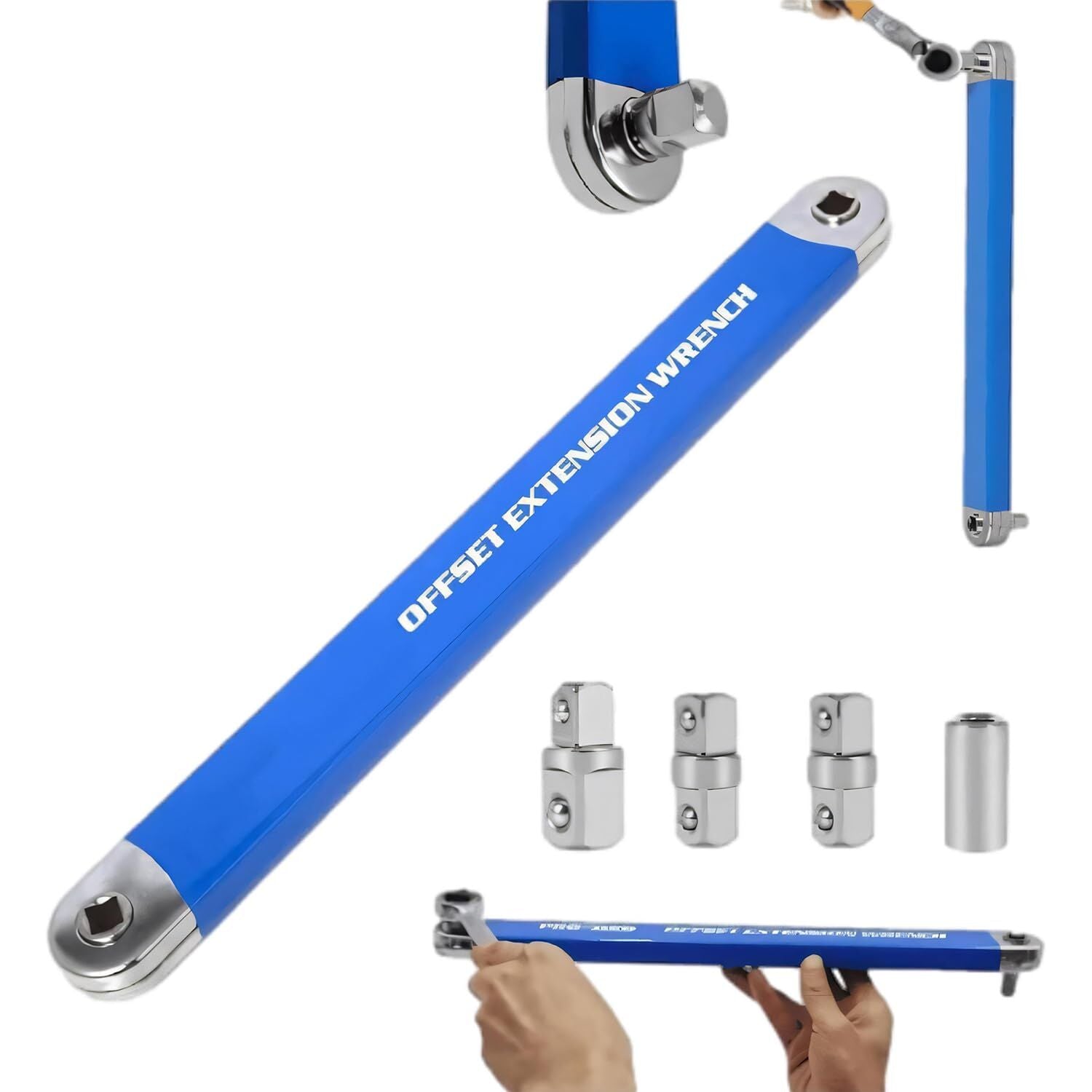 Blue Offset Extension Wrench Set - 15.35" Long, 1/4", 3/8", 1/2" Square Drive Adapters & 1/4" Socket | Ideal V1107-CS-JLYCBS