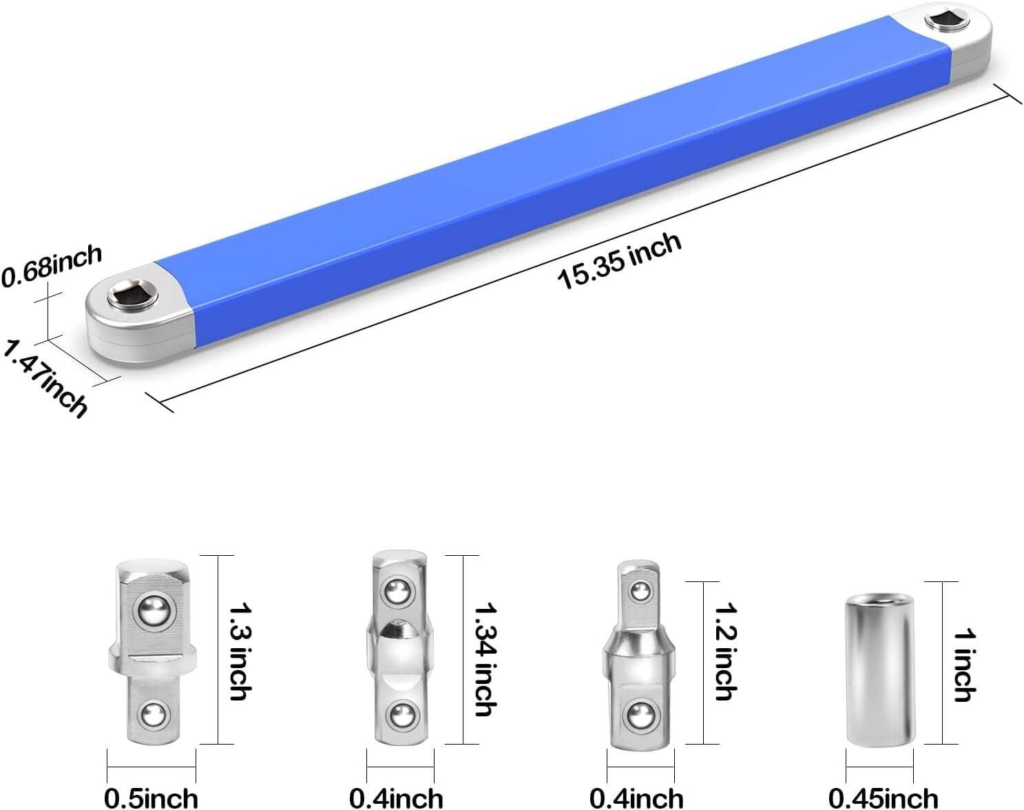 Blue Offset Extension Wrench Set - 15.35" Long, 1/4", 3/8", 1/2" Square Drive Adapters & 1/4" Socket | Ideal V1107-CS-JLYCBS