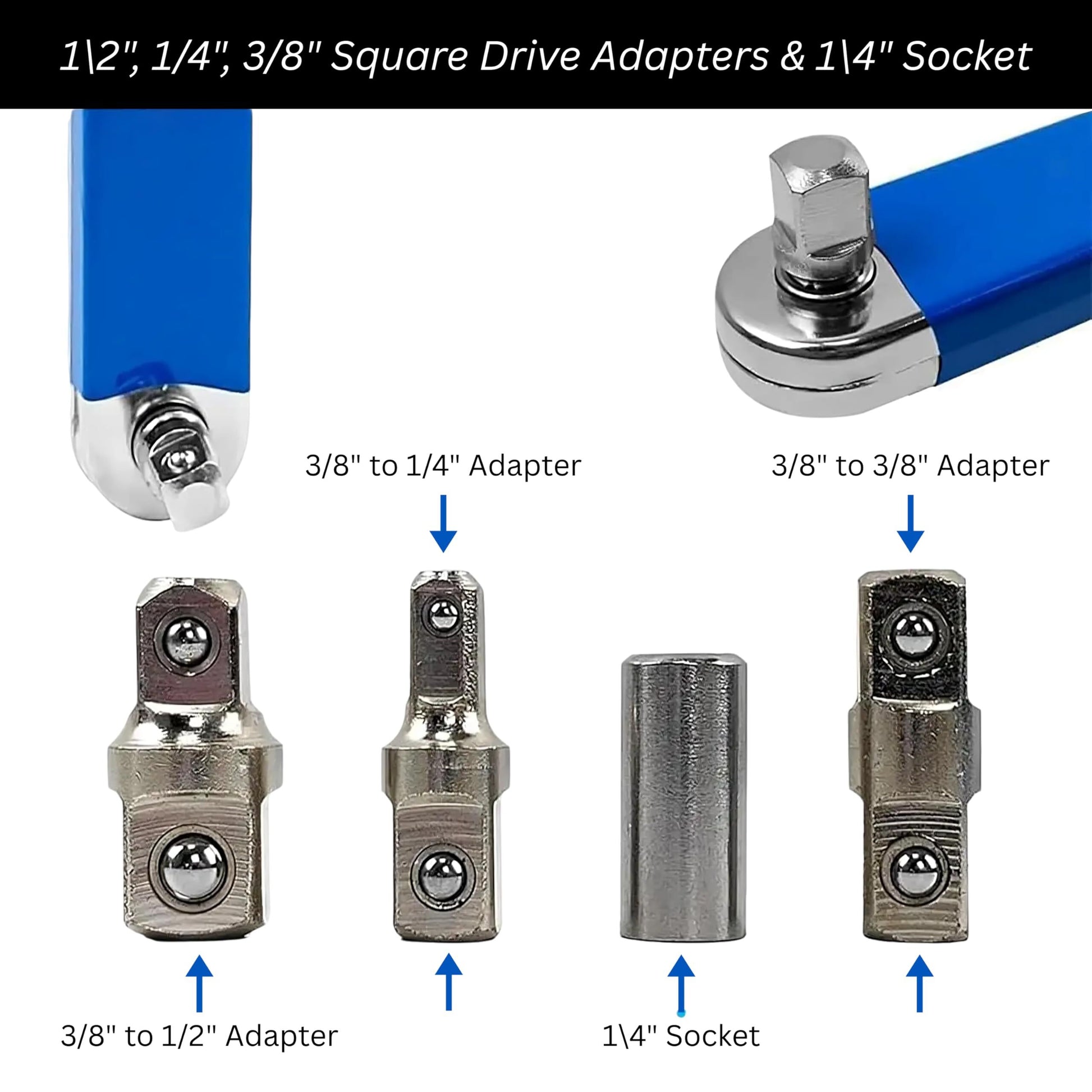 Blue Offset Extension Wrench Set - 15.35" Long, 1/4", 3/8", 1/2" Square Drive Adapters & 1/4" Socket | Ideal V1107-CS-JLYCBS