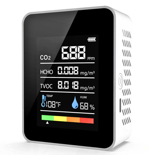 5-in-1 Air Quality Monitor - Real-Time CO2, Formaldehyde (HCHO), TVOC, Temperature & Humidity Detector with V1107-CS-JQJCY