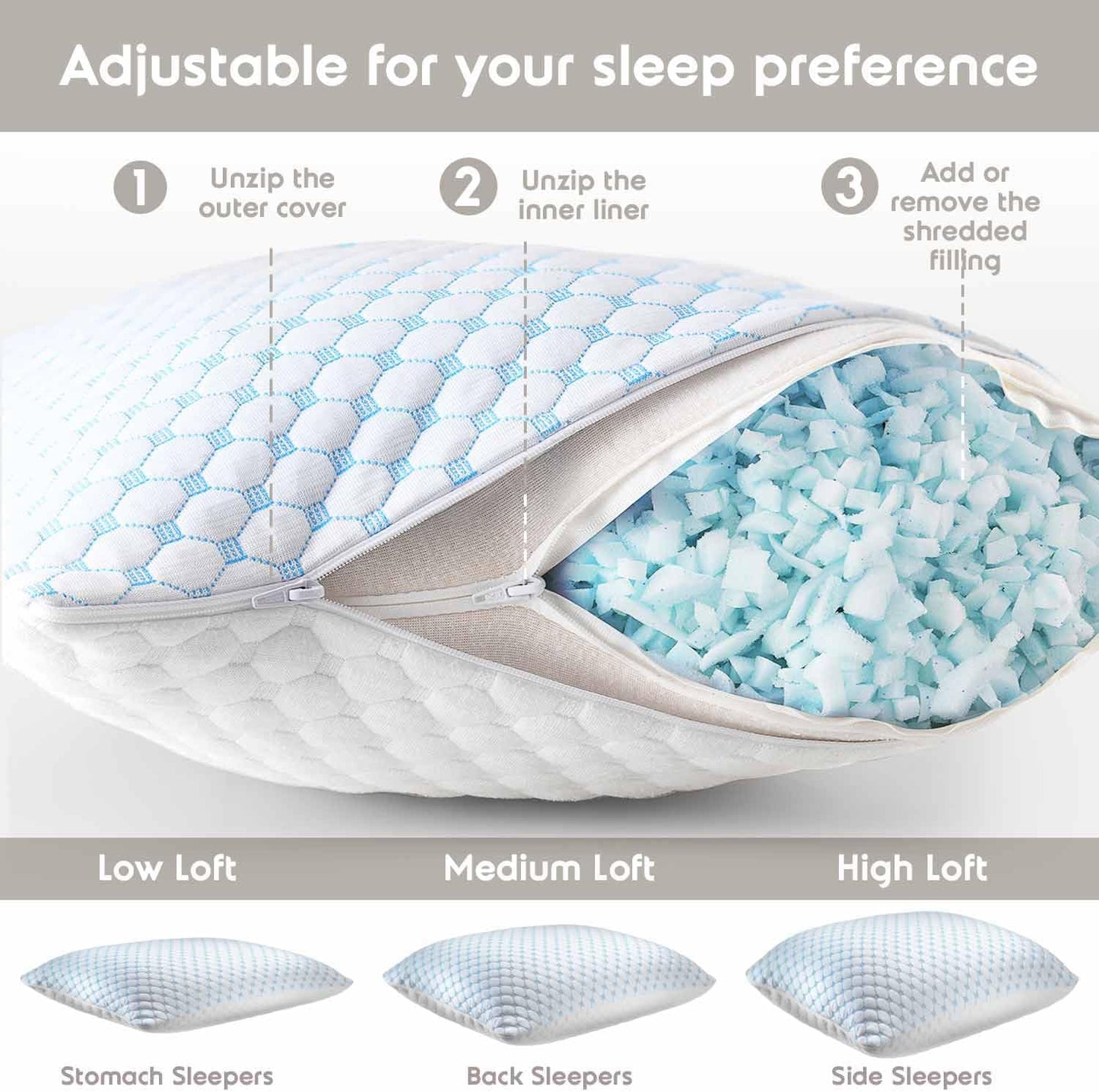 Standard Size Cooling Pillow with Shredded Memory Foam & Gel Infusion - Adjustable Loft, Breathable V1107-CS-JYMLZS