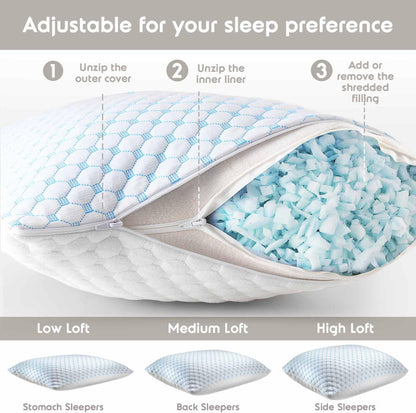 Standard Size Cooling Pillow with Shredded Memory Foam & Gel Infusion - Adjustable Loft, Breathable V1107-CS-JYMLZS