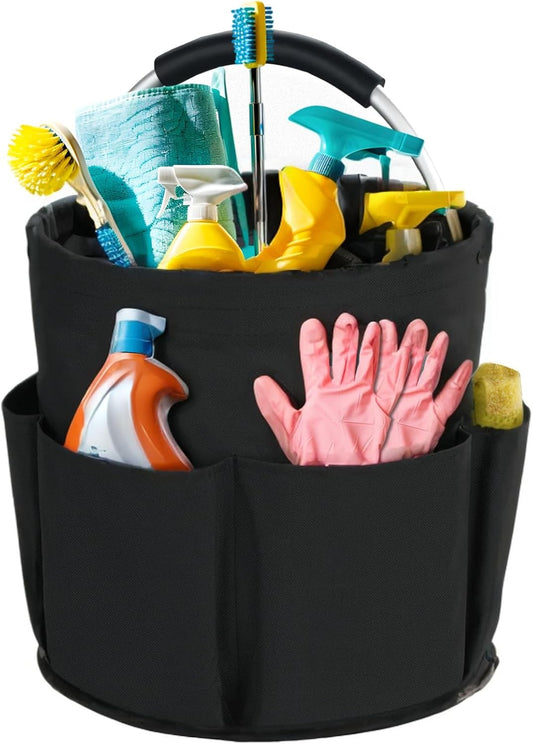 Black Foldable Cleaning Caddy with 6 Outer Pockets: 17L Collapsible Storage Basket for Household, Bathroom, V1107-CS-JYSNL1