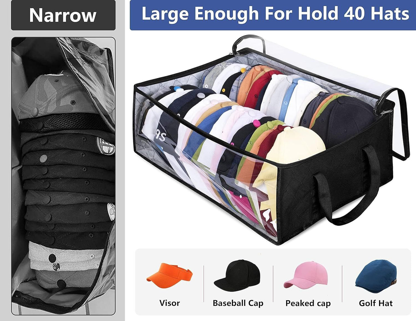 Large Capacity Foldable Hat Organizer Storage Box with Clear See-Through Window for Baseball Caps, Clothes, V1107-CS-KSCTMSNHE