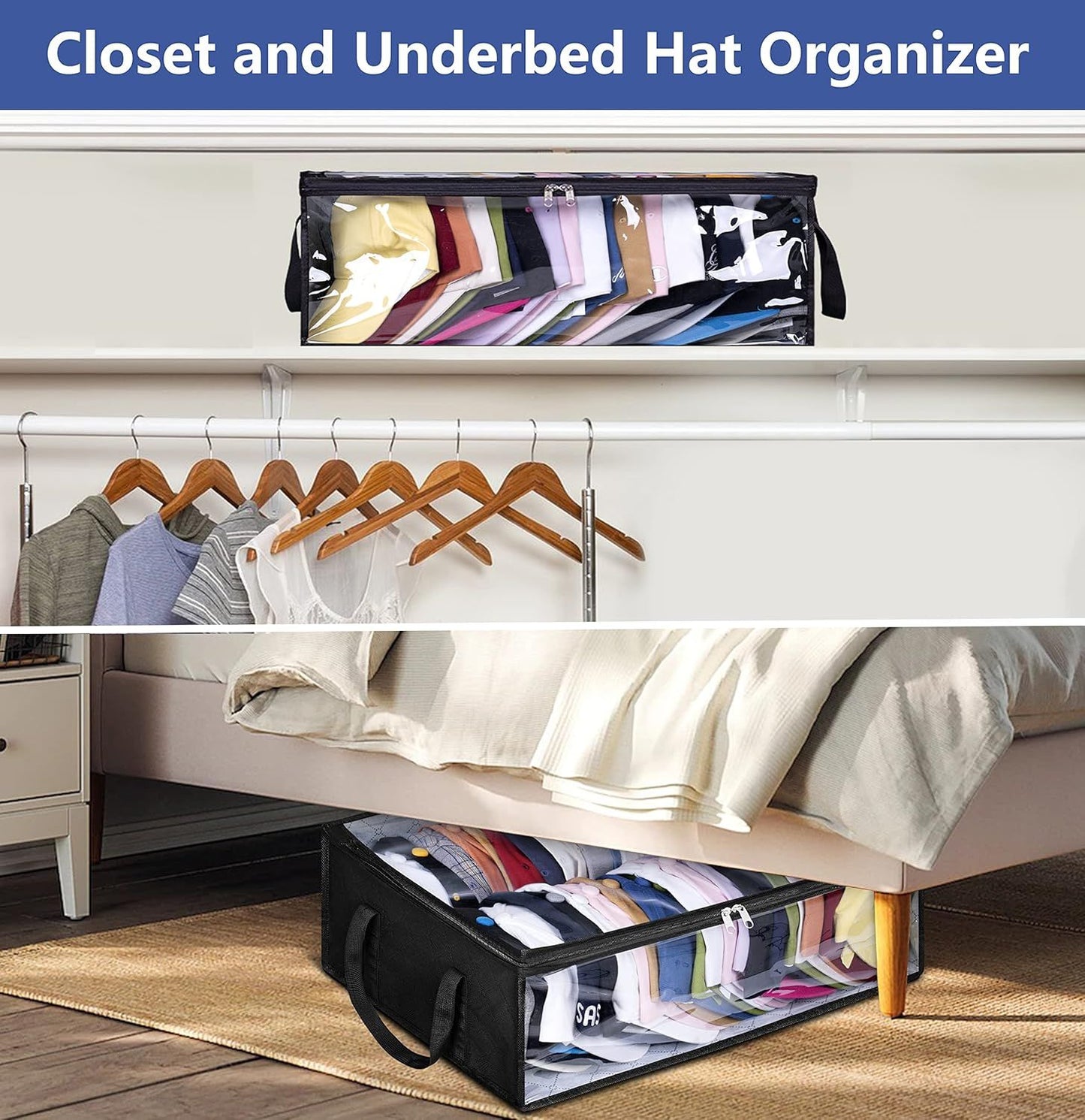 Large Capacity Foldable Hat Organizer Storage Box with Clear See-Through Window for Baseball Caps, Clothes, V1107-CS-KSCTMSNHE