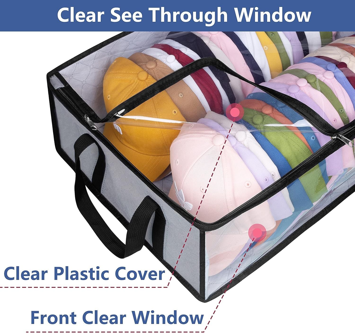 Large Capacity Foldable Hat Organizer Storage Box with Clear See-Through Window for Baseball Caps, Clothes, V1107-CS-KSCTMSNHU