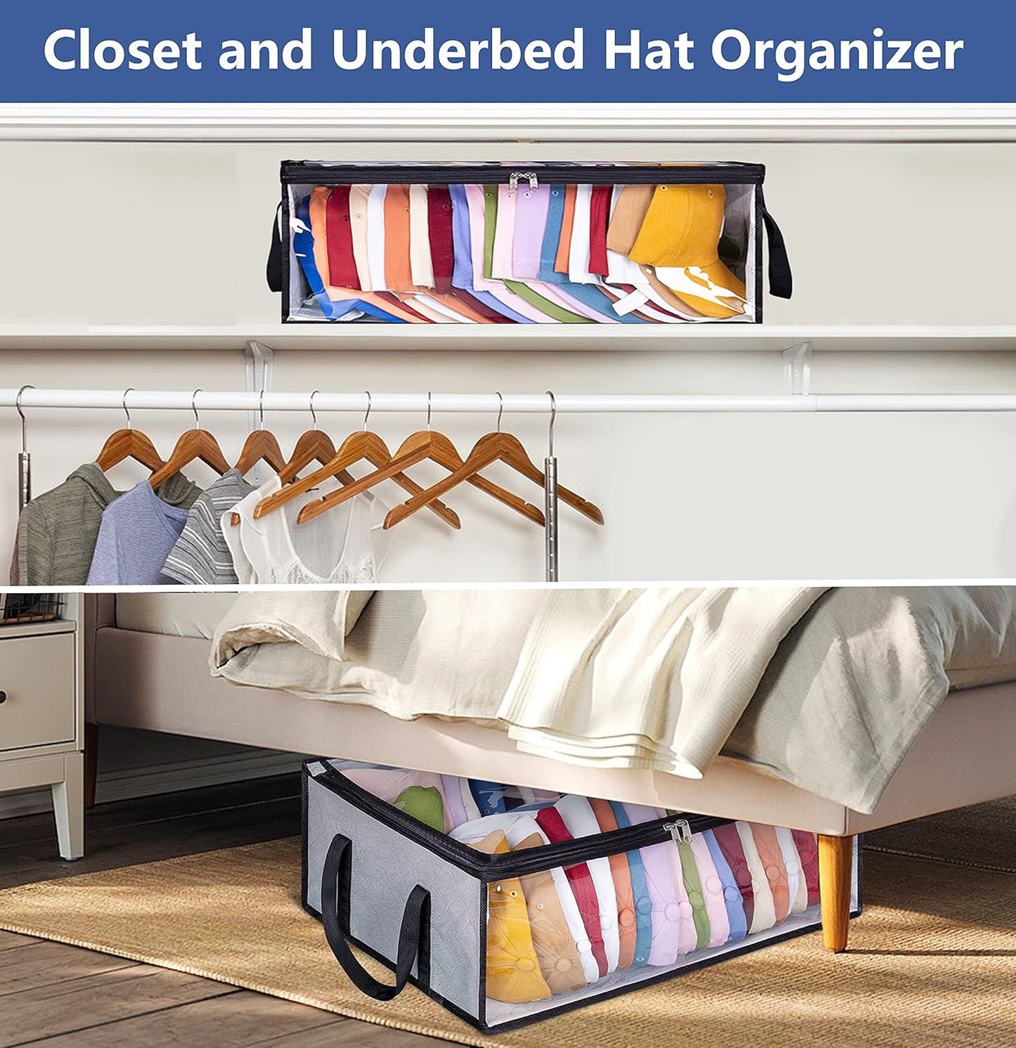 Large Capacity Foldable Hat Organizer Storage Box with Clear See-Through Window for Baseball Caps, Clothes, V1107-CS-KSCTMSNHU