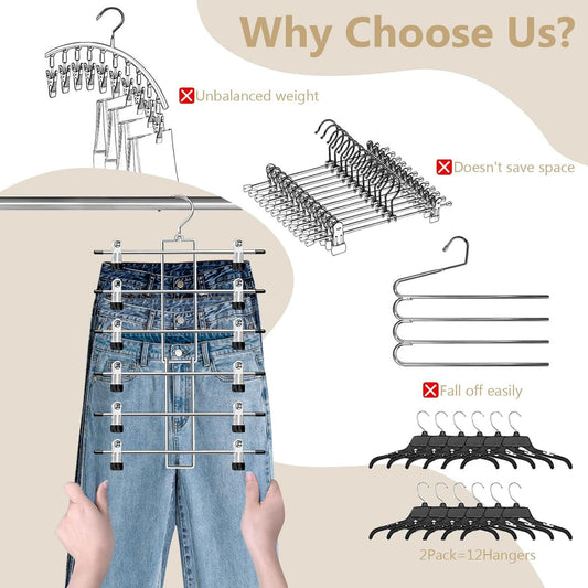 6-Tier Metal Clothing Organizer Hanger with 12 Adjustable Clips, 360 degrees Swivel Hook, Foldable Design, V1107-CS-LCQKYJ2