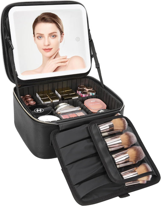 Portable LED Makeup Case with Mirror - Rechargeable 3-Color Light, 6 Adjustable Dividers, Brush Roll Holder, V1107-CS-LEDHZXH