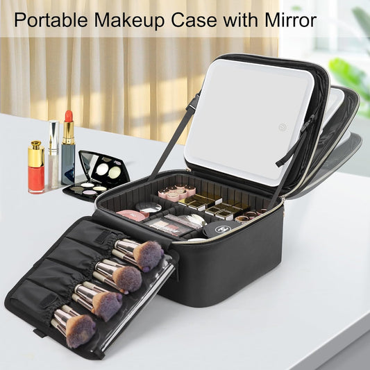 Portable LED Makeup Case with Mirror - Rechargeable 3-Color Light, 6 Adjustable Dividers, Brush Roll Holder, V1107-CS-LEDHZXH