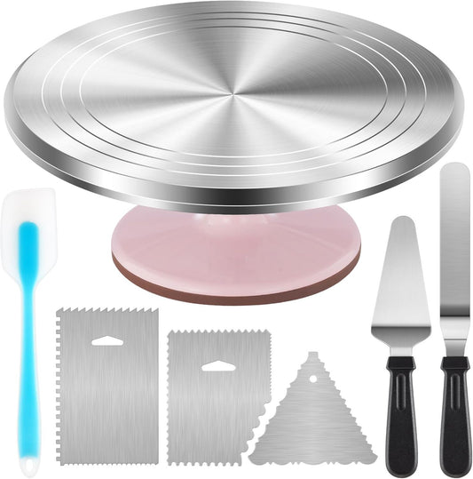 Premium Aluminum Alloy Cake Turntable Set with 3 Icing Scrapers, Offset & Silicone Spatulas, Non-Slip Base V1107-CS-LHJZTDG