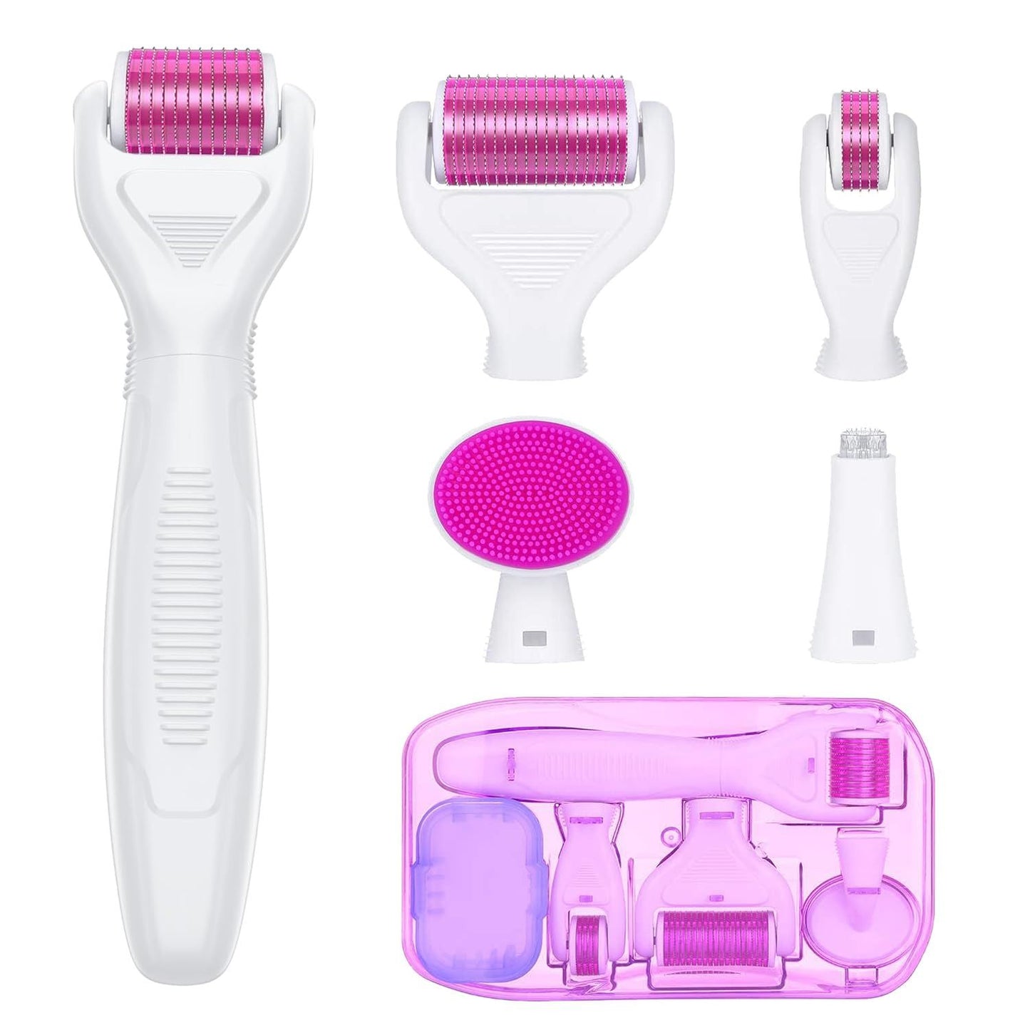 6-in-1 Stainless Steel Derma Roller Kit with 4 Interchangeable Heads, Ergonomic Handle, Clear Storage Case, V1107-CS-LHYGLTZ