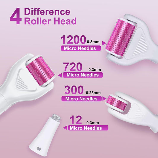 6-in-1 Stainless Steel Derma Roller Kit with 4 Interchangeable Heads, Ergonomic Handle, Clear Storage Case, V1107-CS-LHYGLTZ