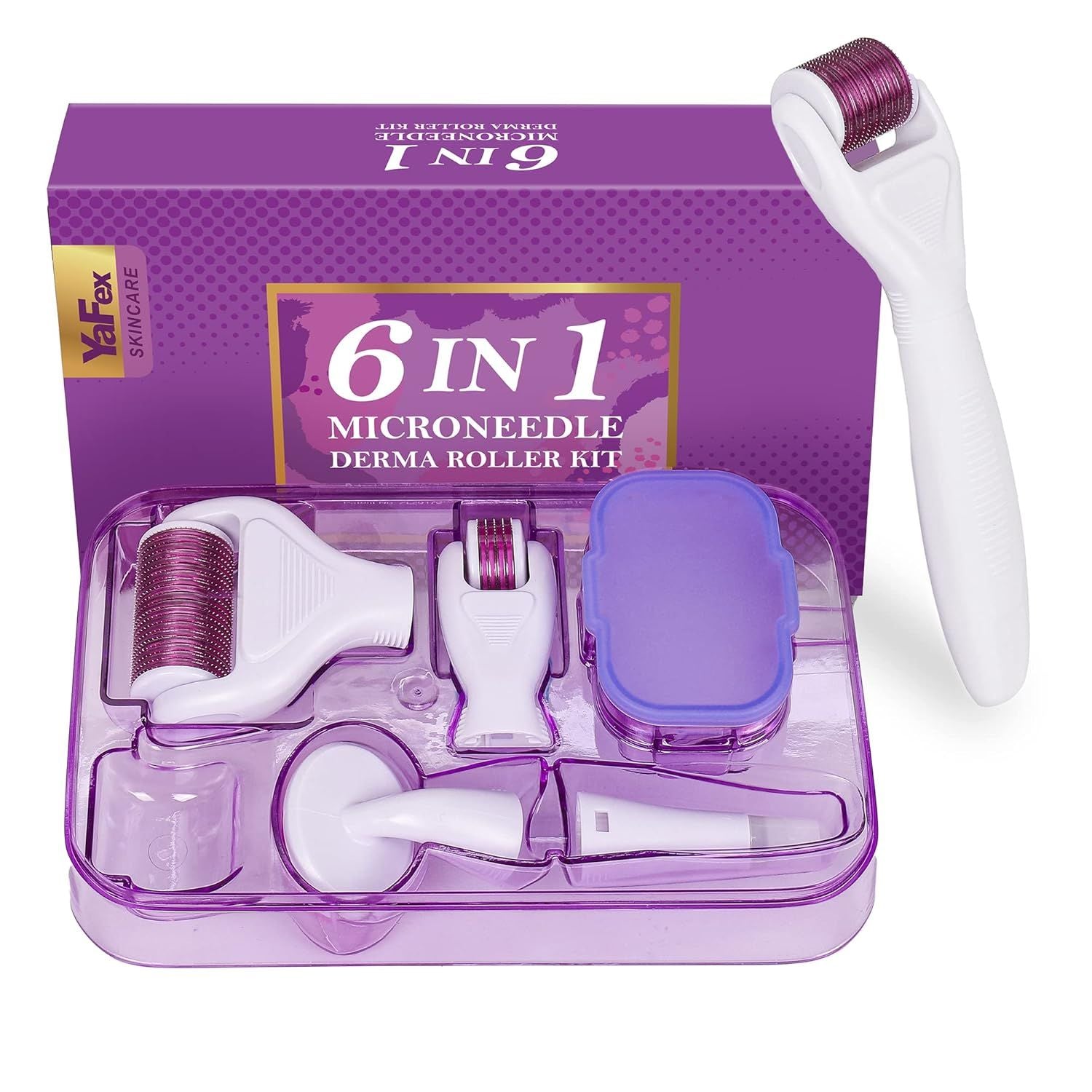 6-in-1 Stainless Steel Derma Roller Kit with 4 Interchangeable Heads, Ergonomic Handle, Clear Storage Case, V1107-CS-LHYGLTZ