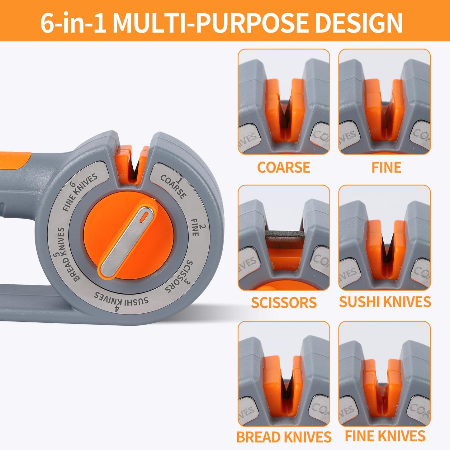 6-in-1 Rotary Knife Sharpener - Adjustable Multi-Function Sharpener for Knives, Scissors, Sushi & Bread V1107-CS-LHYMDQ