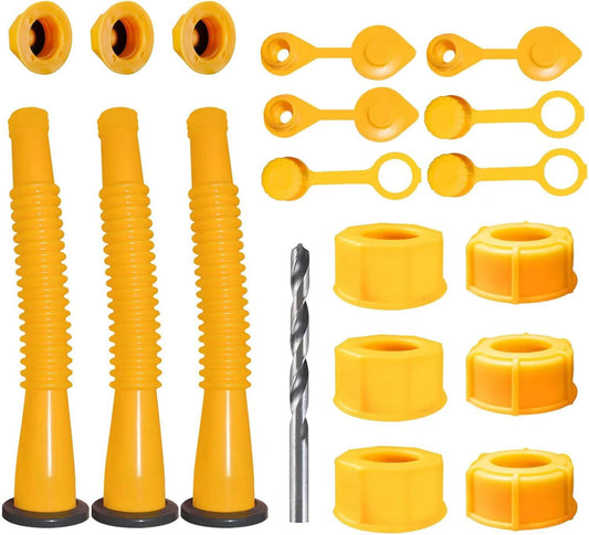 3-Pack Fuel Can Spout Kit with Flexible Yellow Spouts, Coarse & Fine Threaded Caps, Dual Vent Caps, Sealing V1107-CS-LJLMDYG