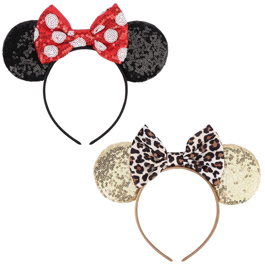 2-Pack Minnie-Style Sequin Ear Headbands for Women & Girls - Sparkly Mouse Ears with Fabric Bows (Polka Dot V1107-CS-LJTG