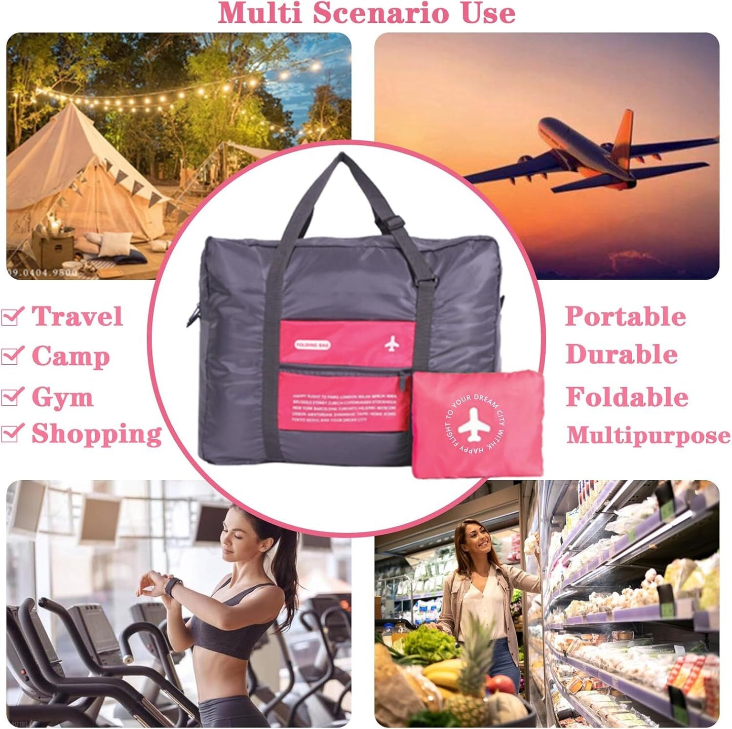 Compact Foldable Travel Duffel Bag - Lightweight Carry-On for Weekend Trips, Overnight & Gym Use (Pink) | V1107-CS-LXSND