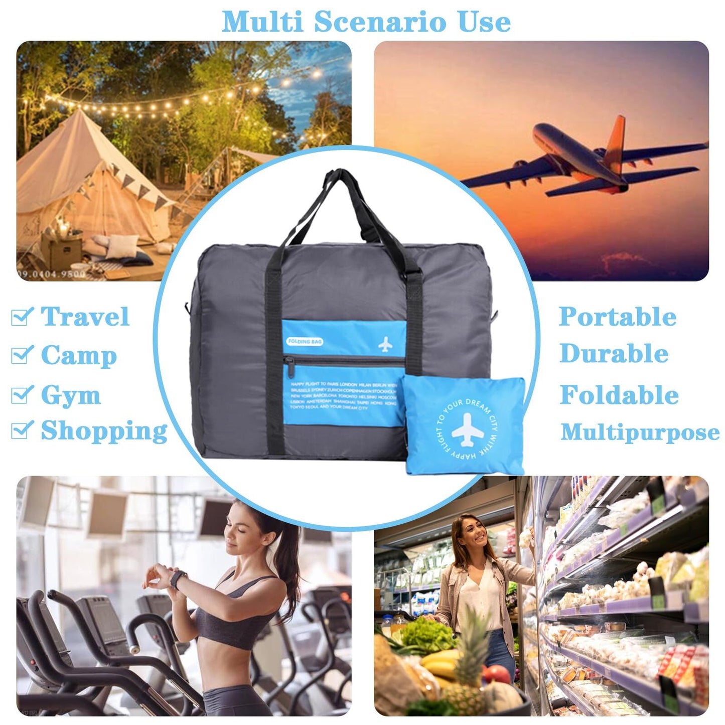 Compact Foldable Travel Duffel Bag - Lightweight Carry-On for Weekend Trips, Overnight & Gym Use (Blue) | V1107-CS-LXSND2