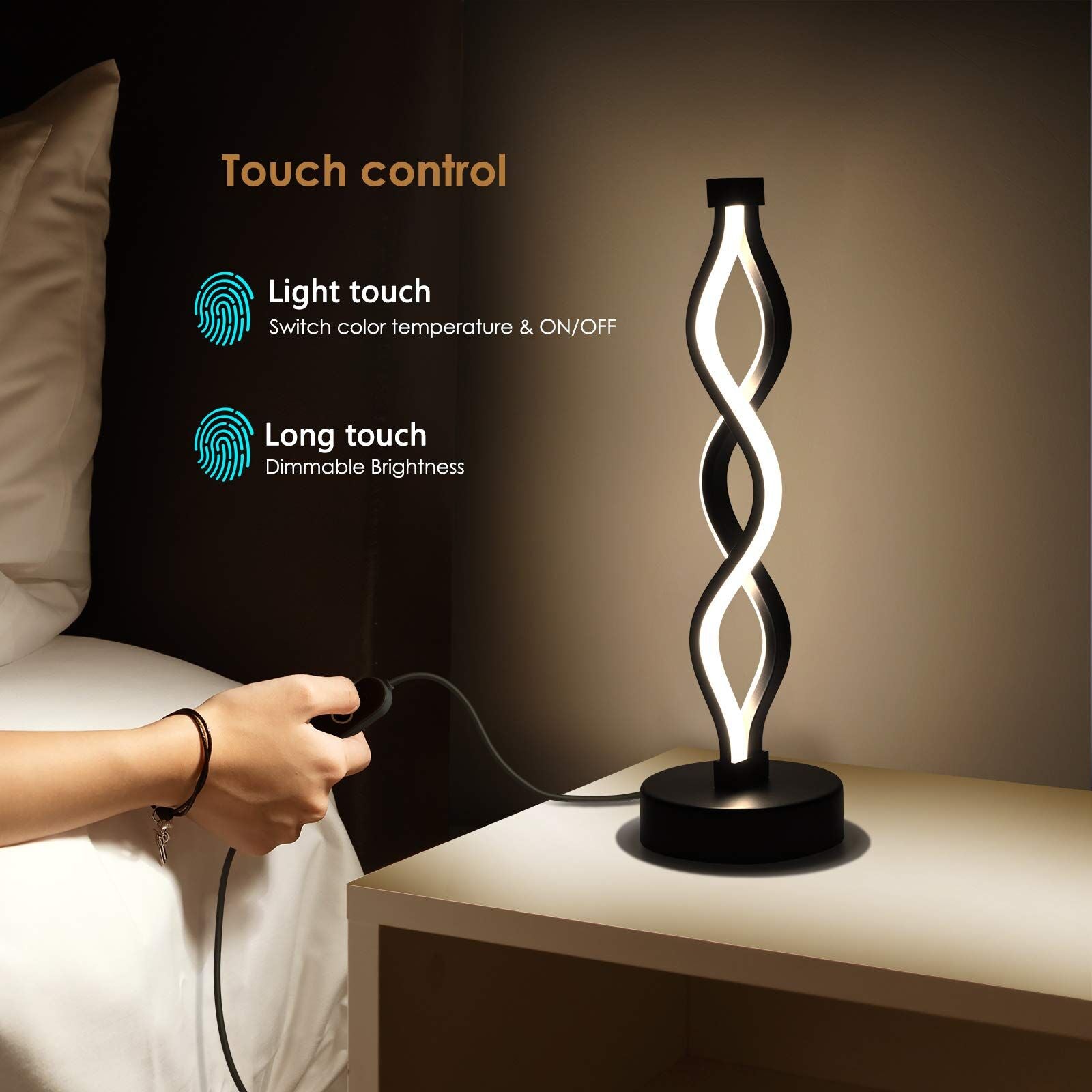 Twisted Spiral LED Table Lamp - Modern Touch-Control Desk Light for Bedroom, Living Room & Cafe Decor (Black) V1107-CS-LXTD