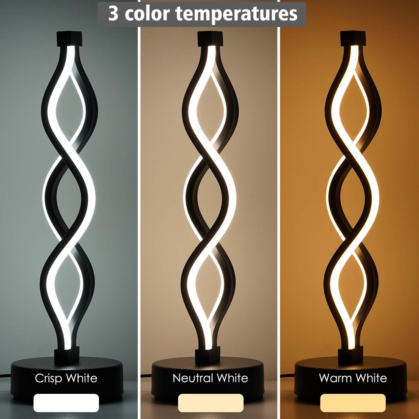 Twisted Spiral LED Table Lamp - Modern Touch-Control Desk Light for Bedroom, Living Room & Cafe Decor (Black) V1107-CS-LXTD