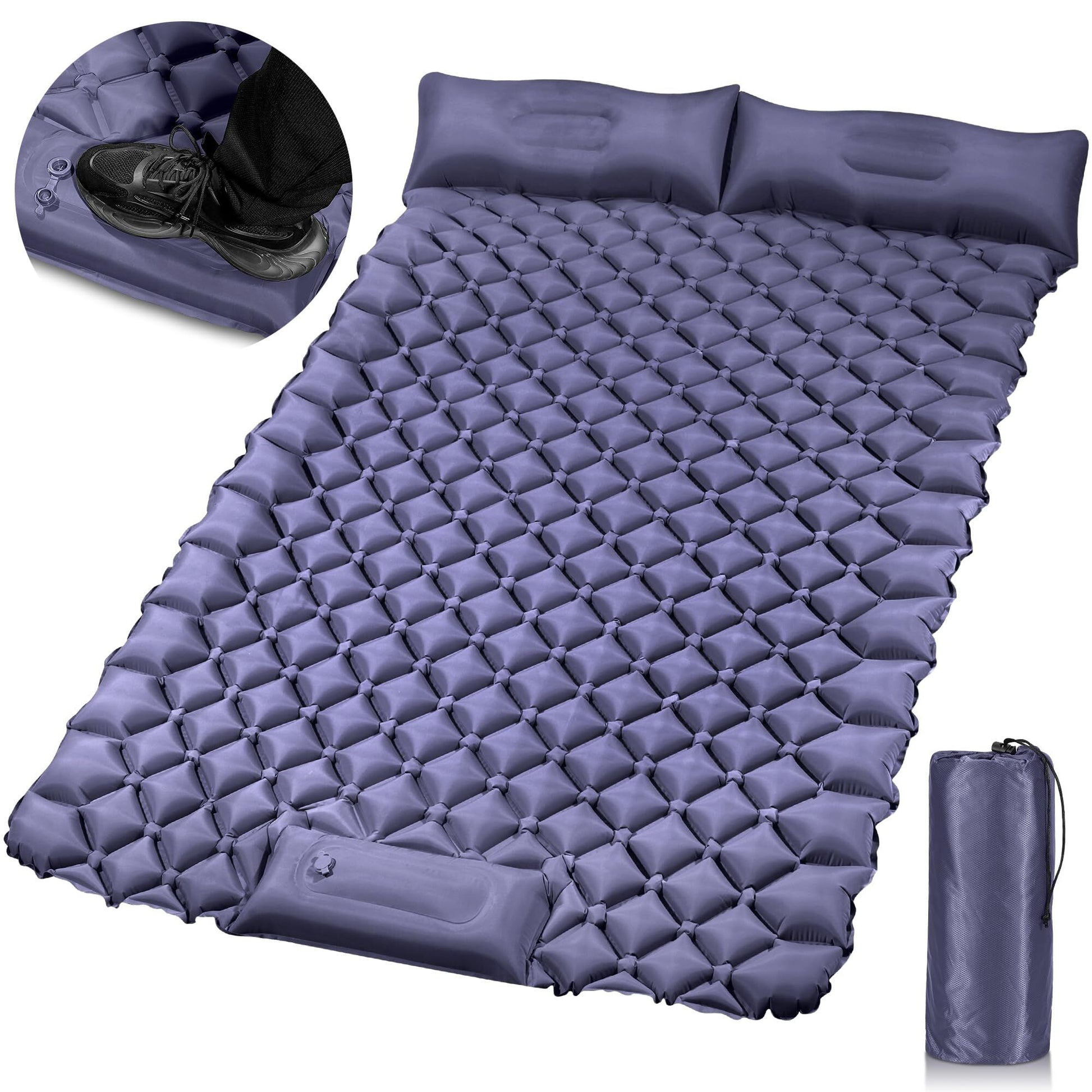 Double Camping Pad with Built-in Pillow: Foot Pump Inflatable Mattress for Tent/Backpacking - Ultralight, V1107-CS-LYCD1
