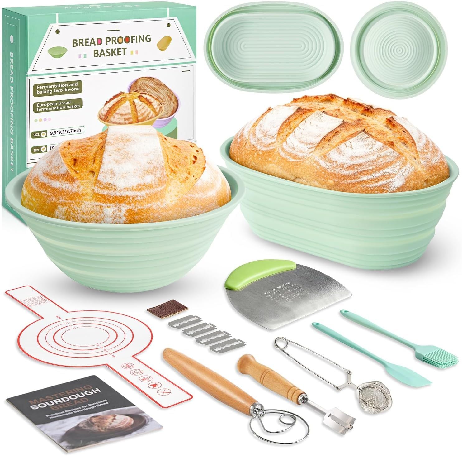 Foldable Silicone Bread Proofing Basket Set - Complete Sourdough Baking Kit with Dough Whisk, Lame, Scraper & V1107-CS-MBFJLTZ