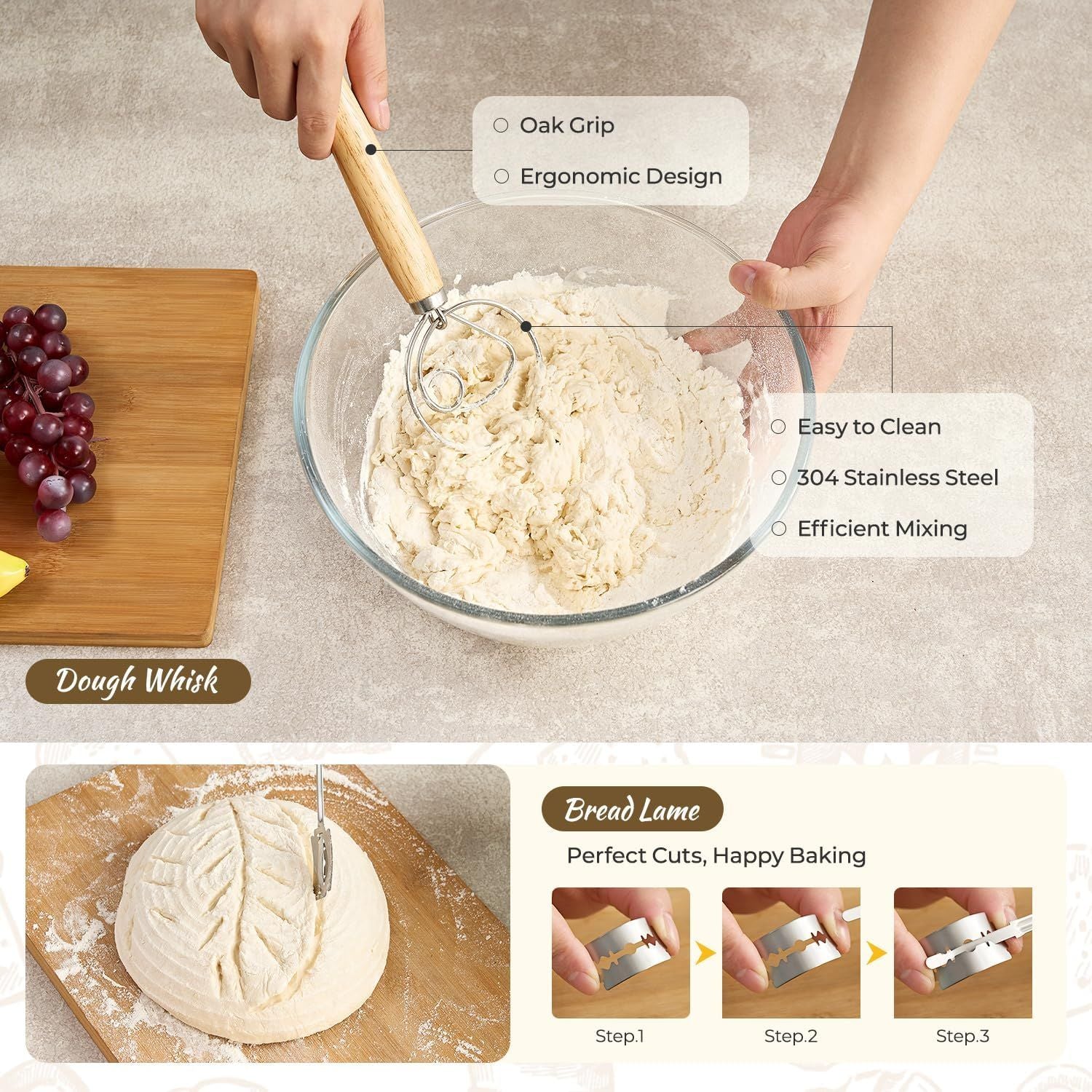 Foldable Silicone Bread Proofing Basket Set - Complete Sourdough Baking Kit with Dough Whisk, Lame, Scraper & V1107-CS-MBFJLTZ