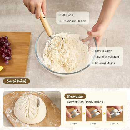 Foldable Silicone Bread Proofing Basket Set - Complete Sourdough Baking Kit with Dough Whisk, Lame, Scraper & V1107-CS-MBFJLTZ