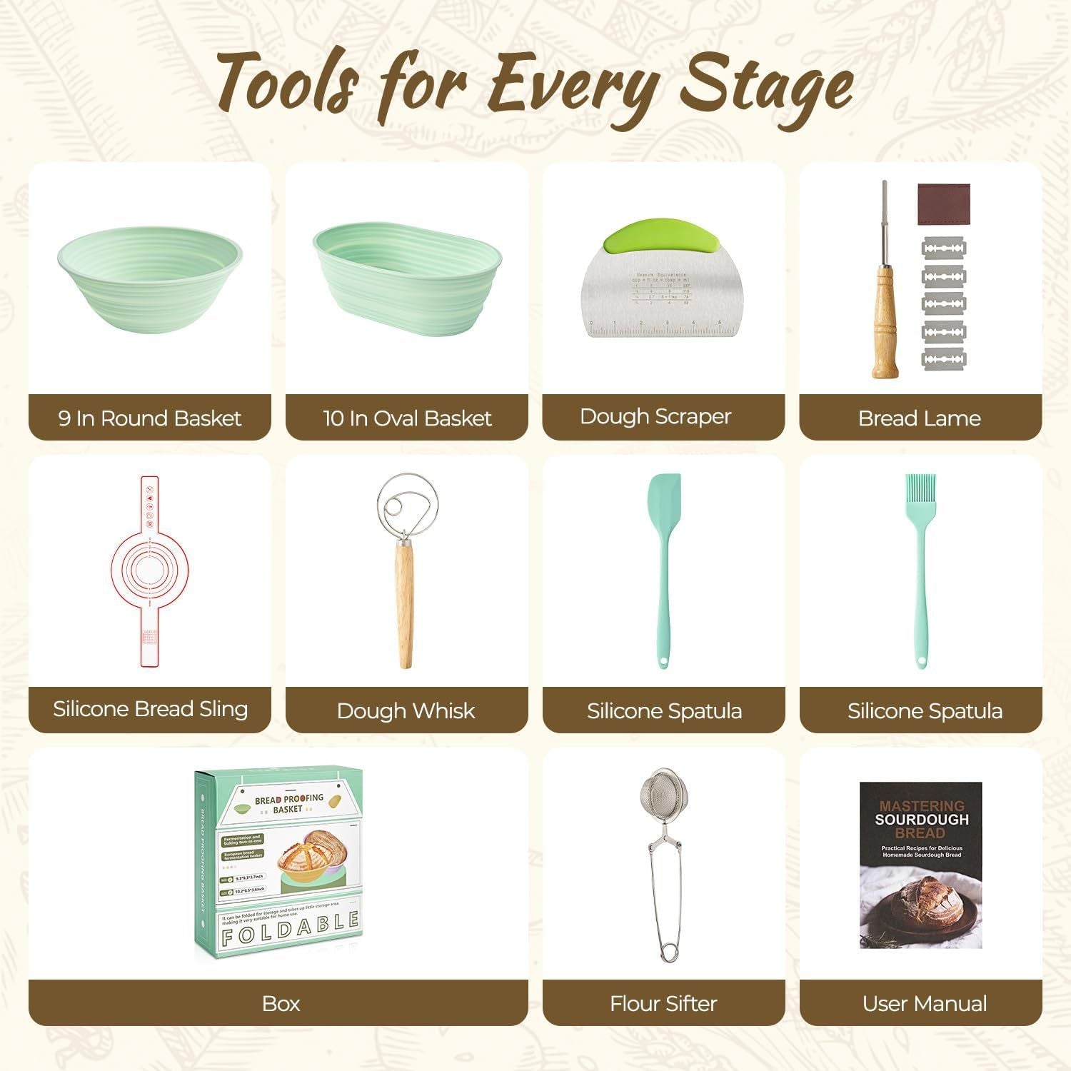 Foldable Silicone Bread Proofing Basket Set - Complete Sourdough Baking Kit with Dough Whisk, Lame, Scraper & V1107-CS-MBFJLTZ