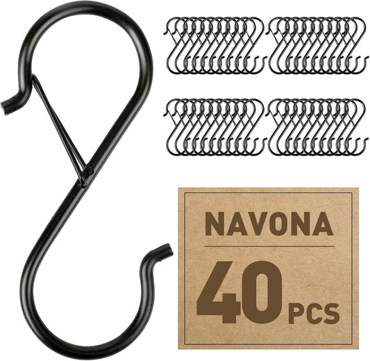 40-Pack S-Shaped Hooks with Safety Buckle, Black Finish, for Hanging Bags, Kitchen Tools, Plants & Decor-Fits V1107-CS-MDKYMCLGG