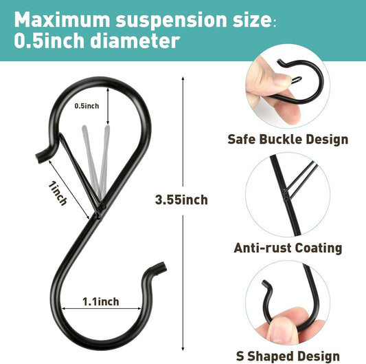 40-Pack S-Shaped Hooks with Safety Buckle, Black Finish, for Hanging Bags, Kitchen Tools, Plants & Decor-Fits V1107-CS-MDKYMCLGG