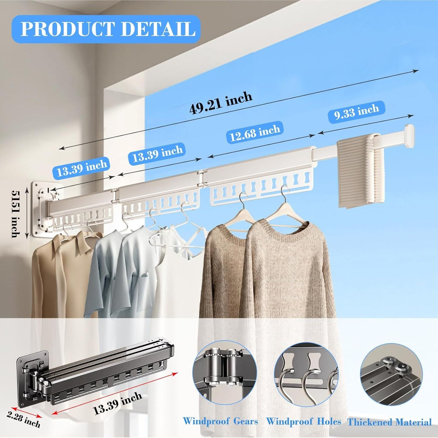 Wall-Mounted Folding Drying Rack with Windproof Holes & Retractable Rod for Balcony, Bathroom & Indoor Use V1107-CS-MDKZDLYJB