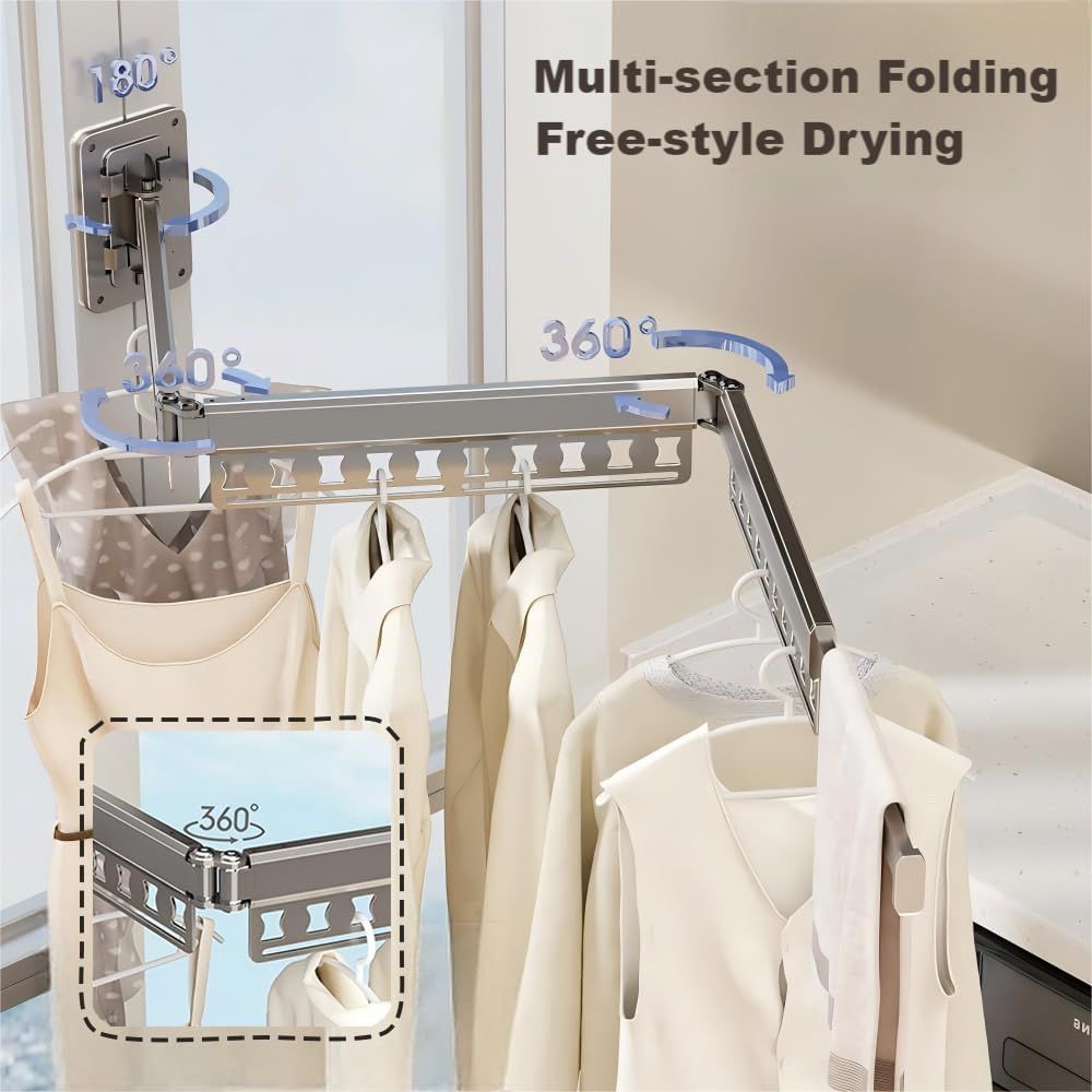 Wall-Mounted Folding Drying Rack with Windproof Holes & Retractable Rod for Balcony, Bathroom & Indoor Use V1107-CS-MDKZDLYJB