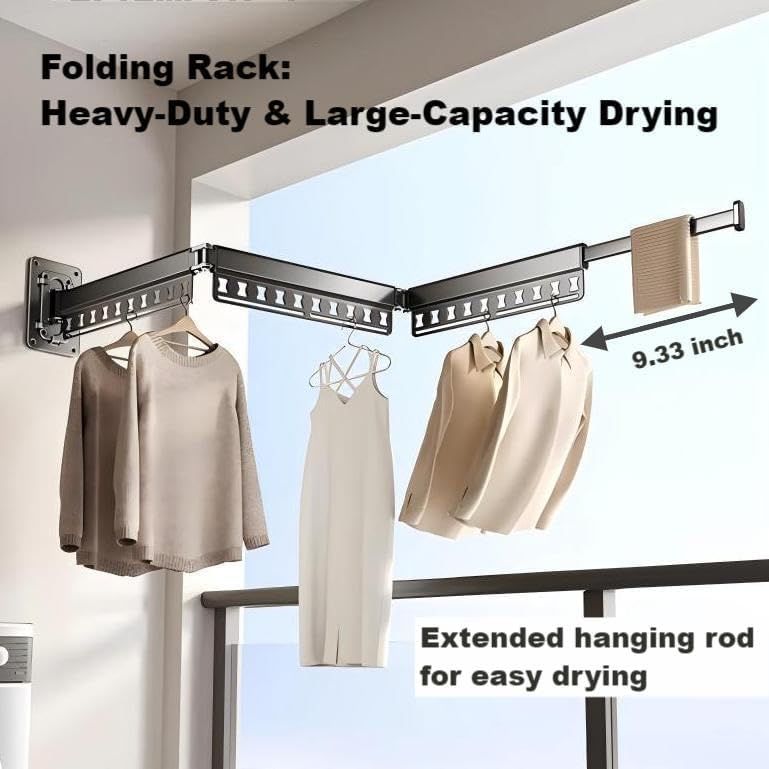 Wall-Mounted Folding Drying Rack with Windproof Holes & Retractable Rod for Balcony, Bathroom & Indoor Use V1107-CS-MDKZDLYJB