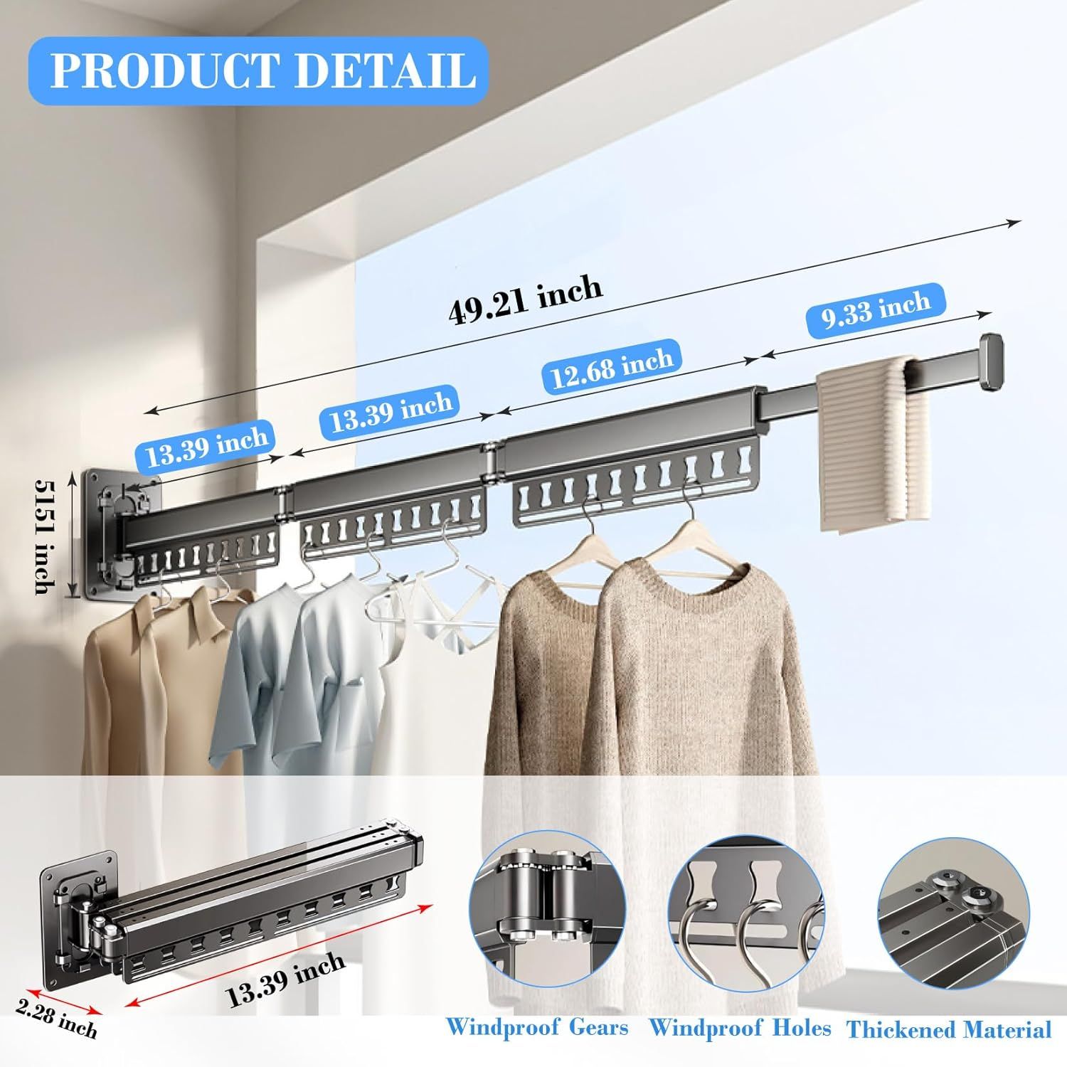 Wall-Mounted Folding Drying Rack with Windproof Holes & Retractable Rod for Balcony, Bathroom & Indoor Use V1107-CS-MDKZDLYJH