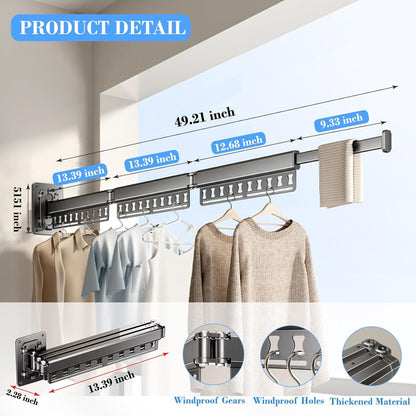 Wall-Mounted Folding Drying Rack with Windproof Holes & Retractable Rod for Balcony, Bathroom & Indoor Use V1107-CS-MDKZDLYJH